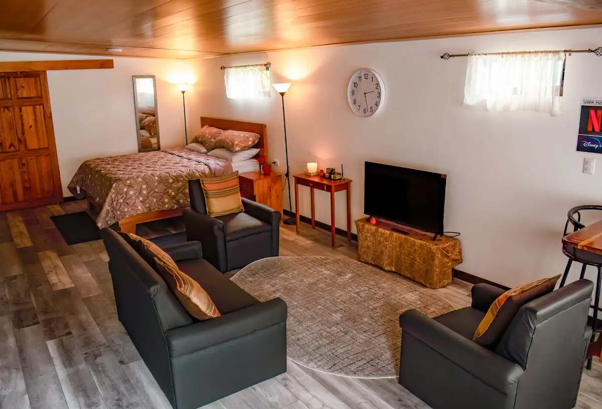 Vista general del estudio del Pizote Apartment con la cama, la sala y el Smart TV con Netflix y Disney+