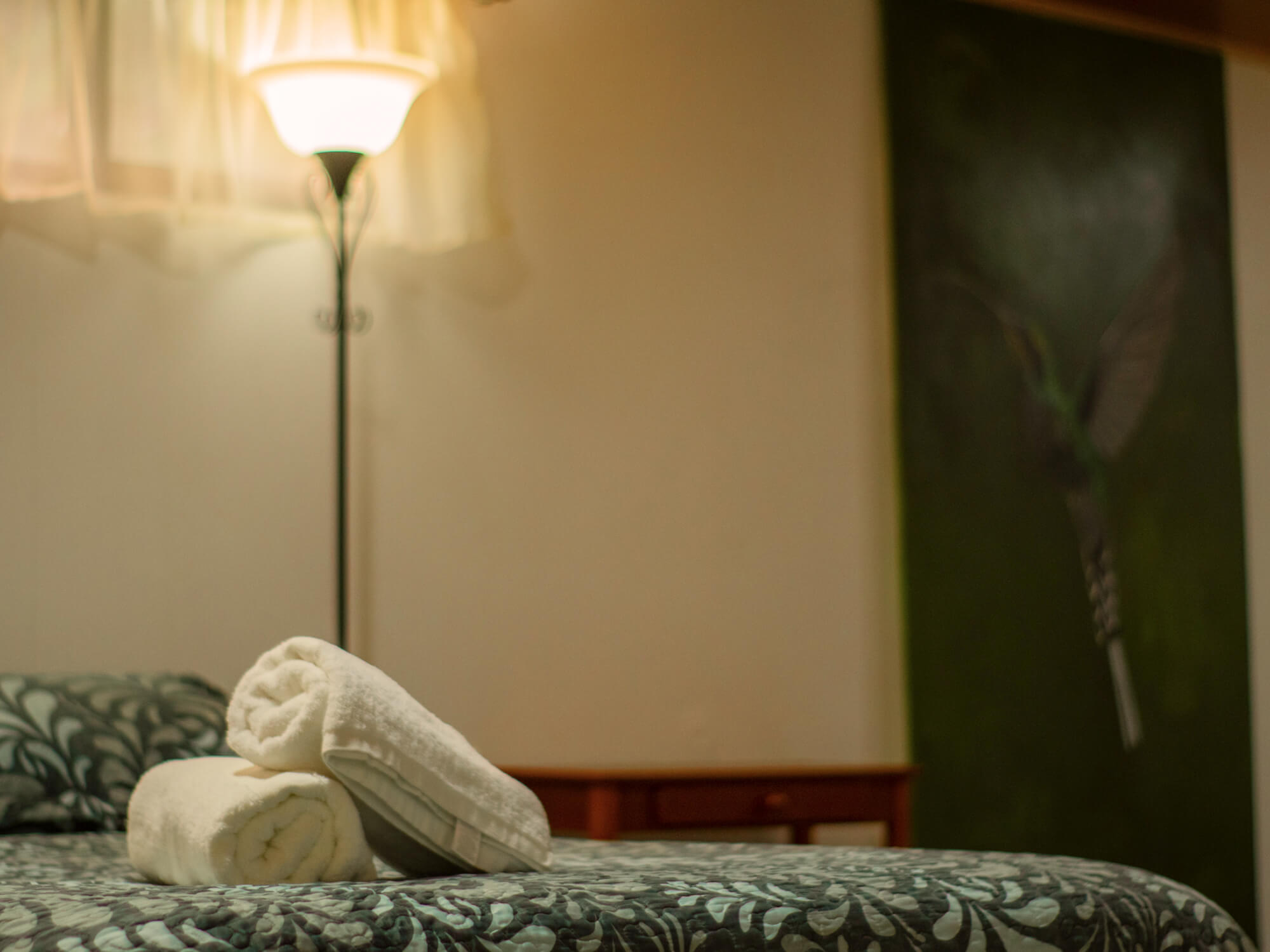 Folded towels on the bed beside the hummingbird painting in Pizote Apartment